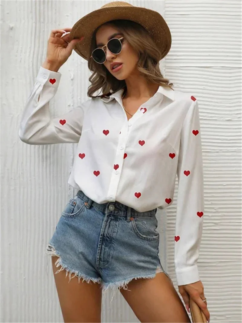 Women Chiffon Shirts Elegant Work Casual Tops Spring Summer Sweet Long Sleeve Love Heart Print Pattern Office Lady Blouse Shirts