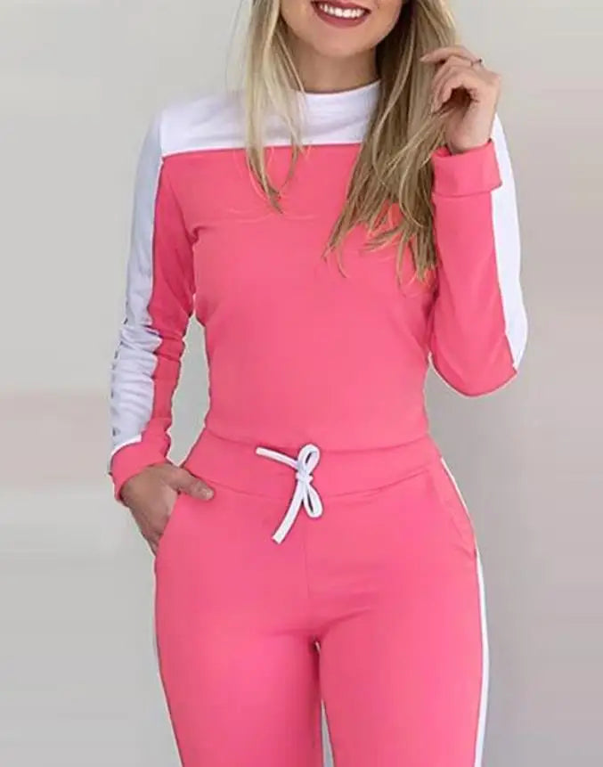 Elegant Pants Set for Woman Casual Autumn Color Block Slimming Long Sleeve Top Stretch Tight Drawstring Women's Matching Sets