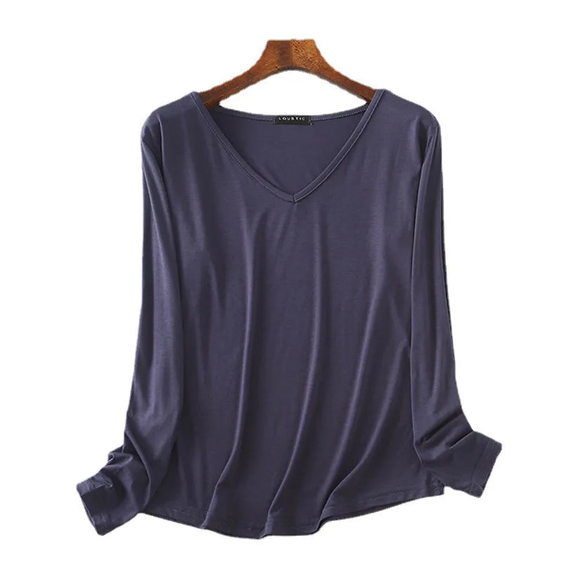 Autumn Modal Tshirt Women's Loose V Neck Bottoming T-shirts Long sleeves Casual Base Tee Tops Solid color Tee Shirts