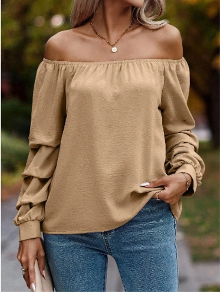 Sexy Long Sleeve Solid Color Off Shoulder Top Women's Folding Sleeves T-Shirt Elegant Casual Autumn Party Clothes