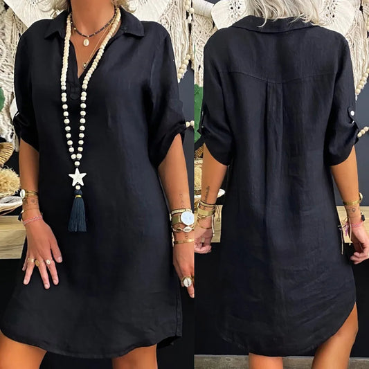 Oversized S-5XL Women Loose Blend Dress Summer Turn Down Collar Short Sleeve Solid Baggy Brazil Vestidos Beachwear FYY-1062