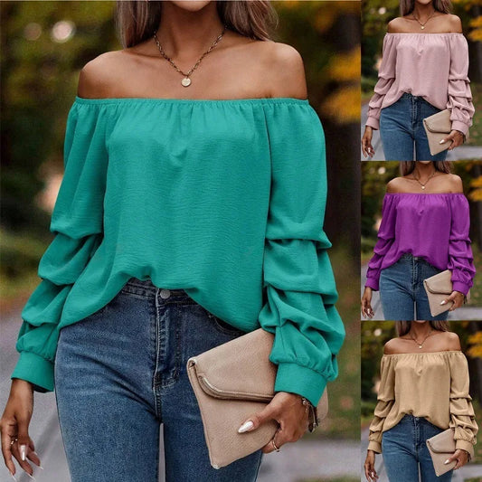 Sexy Long Sleeve Solid Color Off Shoulder Top Women's Folding Sleeves T-Shirt Elegant Casual Autumn Party Clothes