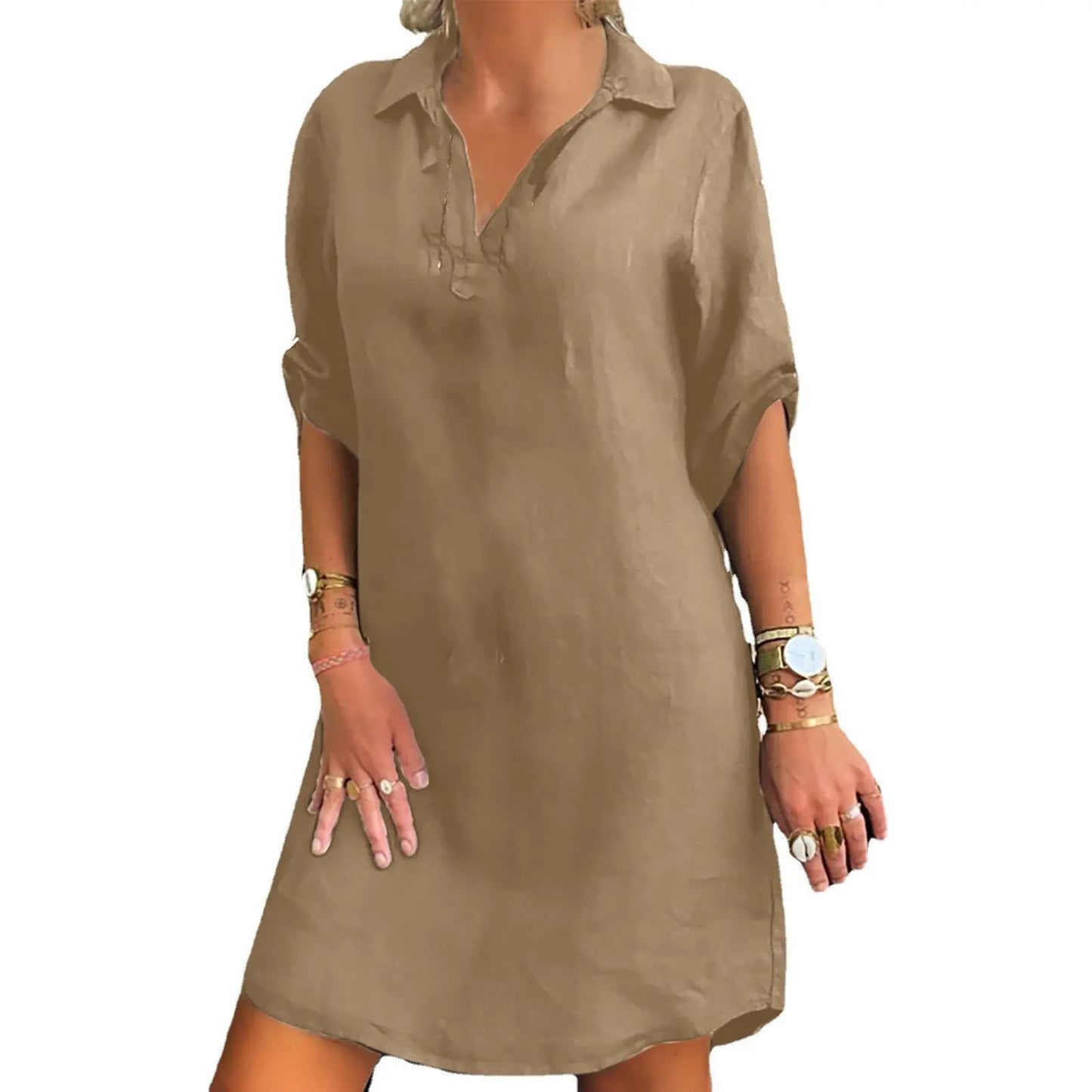 Oversized S-5XL Women Loose Blend Dress Summer Turn Down Collar Short Sleeve Solid Baggy Brazil Vestidos Beachwear FYY-1062