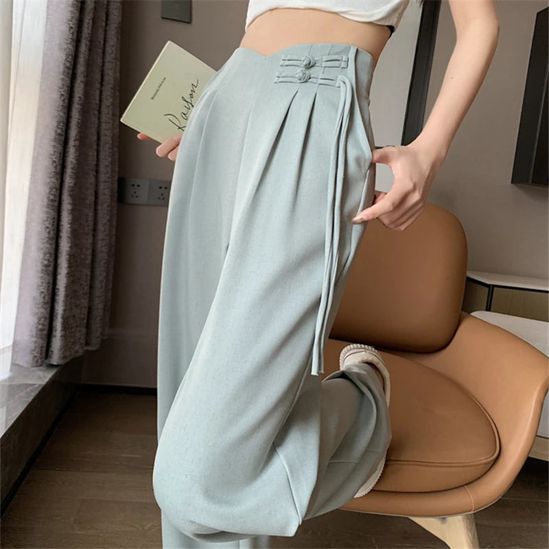 2024 New Linen High Waist Suit Wide Leg Women's Full Pants Spring Summer Female Elegant Minimalism Straight Loose Trousers