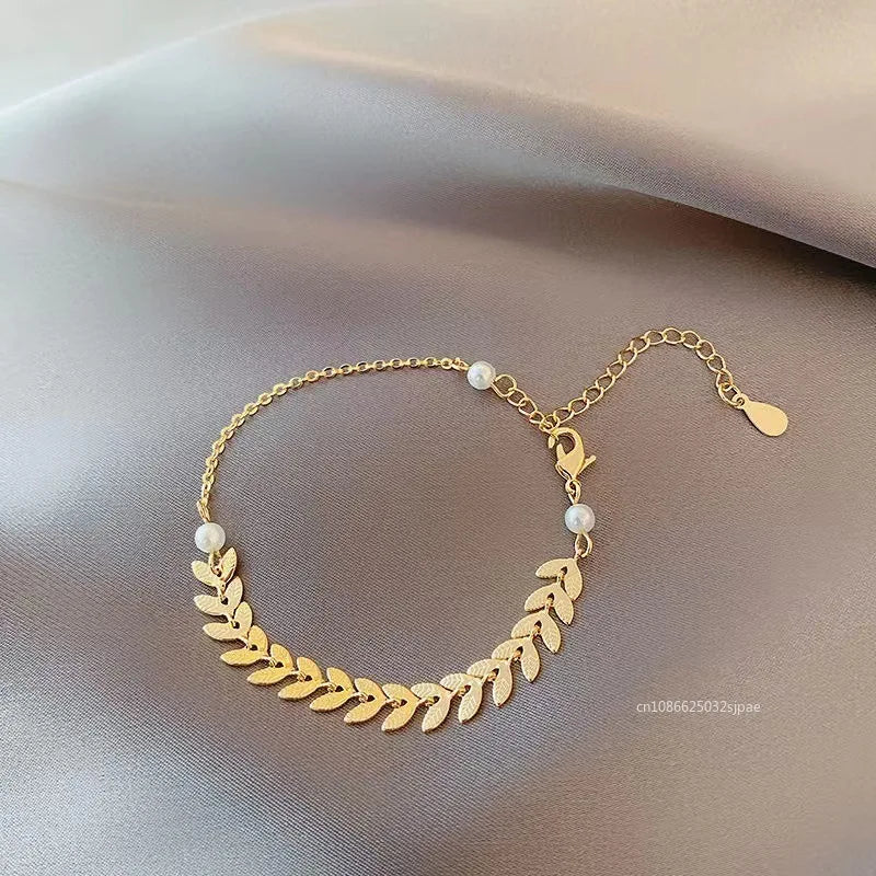 Gioielli con collana, orecchini e bracciale di perle semplici con spighe di grano per donne, collane con ciondoli e braccialetti color oro portafortuna
