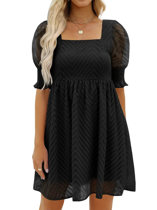 Women's Summer Dress 2023 Casual Flowy Beach Square Neck Lantern Short Sleeve Pleated A Line Dress Tie Mini Dress