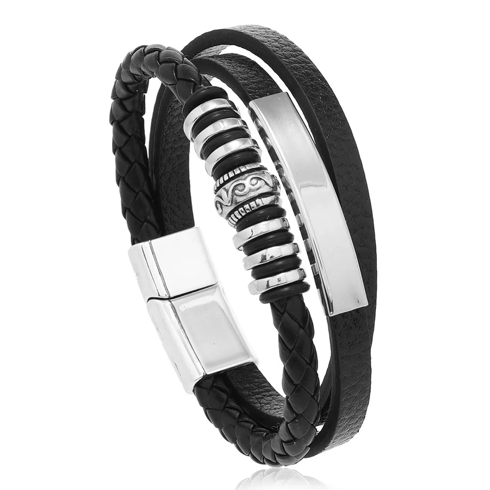Bracciali in pelle alla moda per uomo, bracciale in acciaio inossidabile da 21 cm, braccialetti a corda intrecciata multistrato per gioielli maschili, regalo