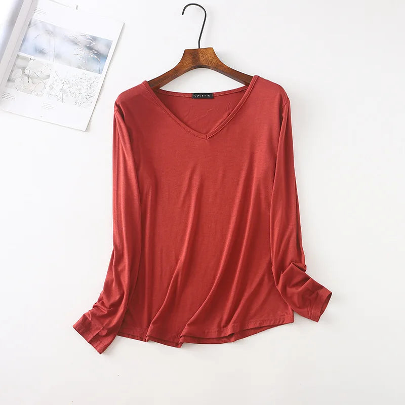 Autumn Modal Tshirt Women's Loose V Neck Bottoming T-shirts Long sleeves Casual Base Tee Tops Solid color Tee Shirts