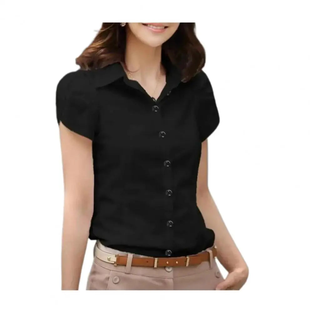Summer Women Shirt Solid Color Lapel Petal Short Sleeve Pocket Button-up Blouse Slim Fit Single Breasted Lady Shirt Tops