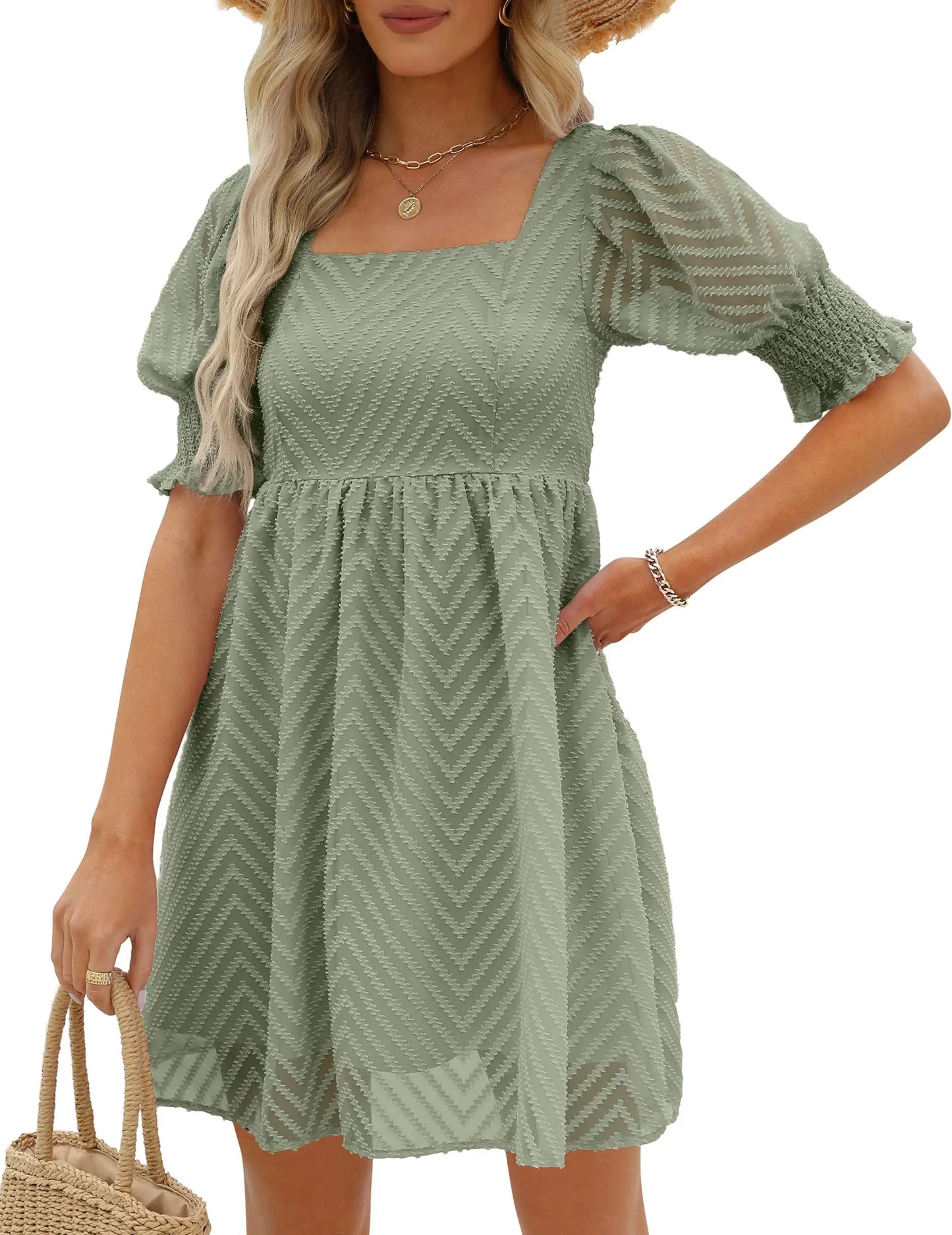 Women's Summer Dress 2023 Casual Flowy Beach Square Neck Lantern Short Sleeve Pleated A Line Dress Tie Mini Dress