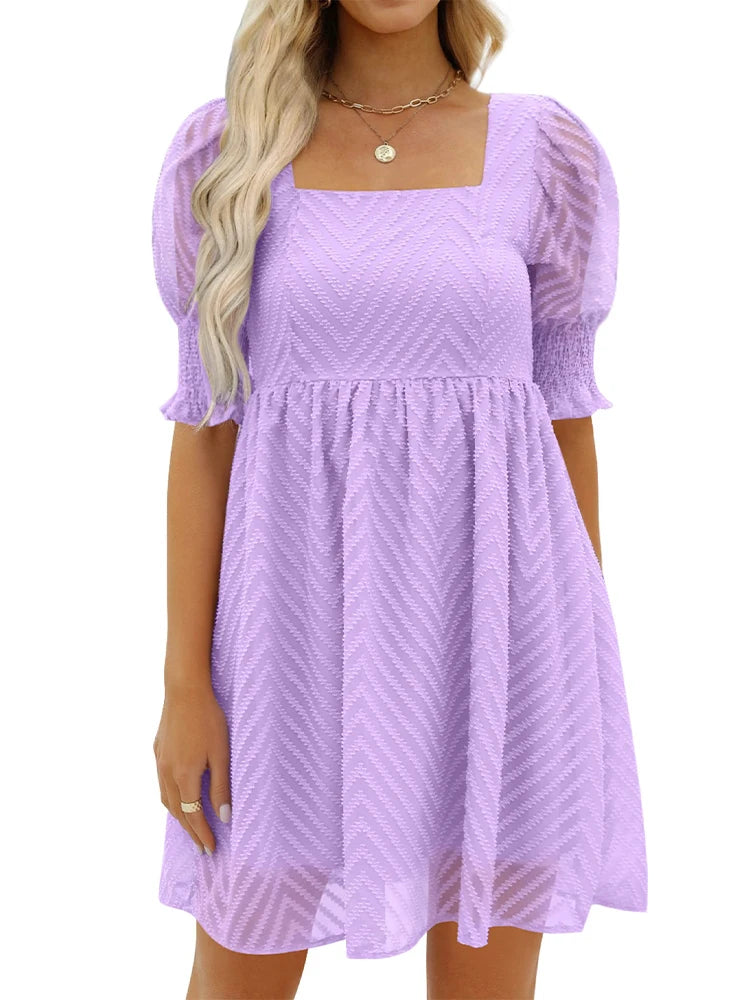 Women's Summer Dress 2023 Casual Flowy Beach Square Neck Lantern Short Sleeve Pleated A Line Dress Tie Mini Dress