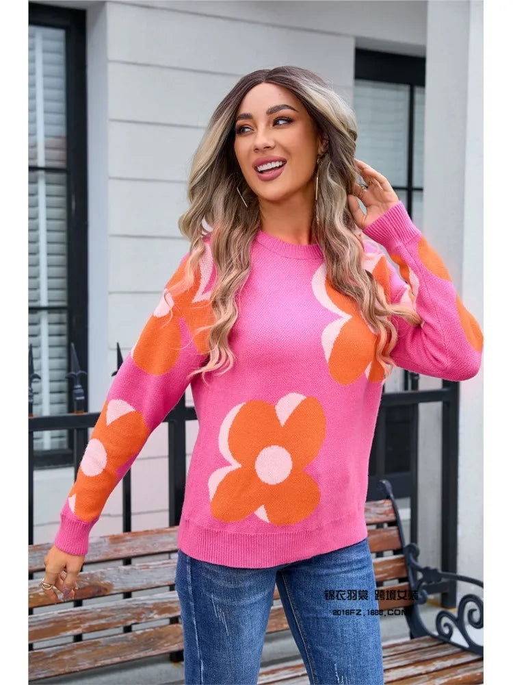 2024 Autumn Winter New Women's Fashion Printed Sweater Round Neck Fashion Large Flower Leisure Comfortable Long Sleeve Sweater