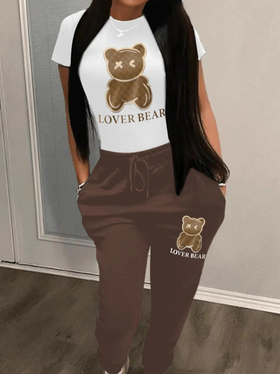 Autumn and winter women's loose and fashionable plus size cartoon bear print hooded sweater+woolen pants set