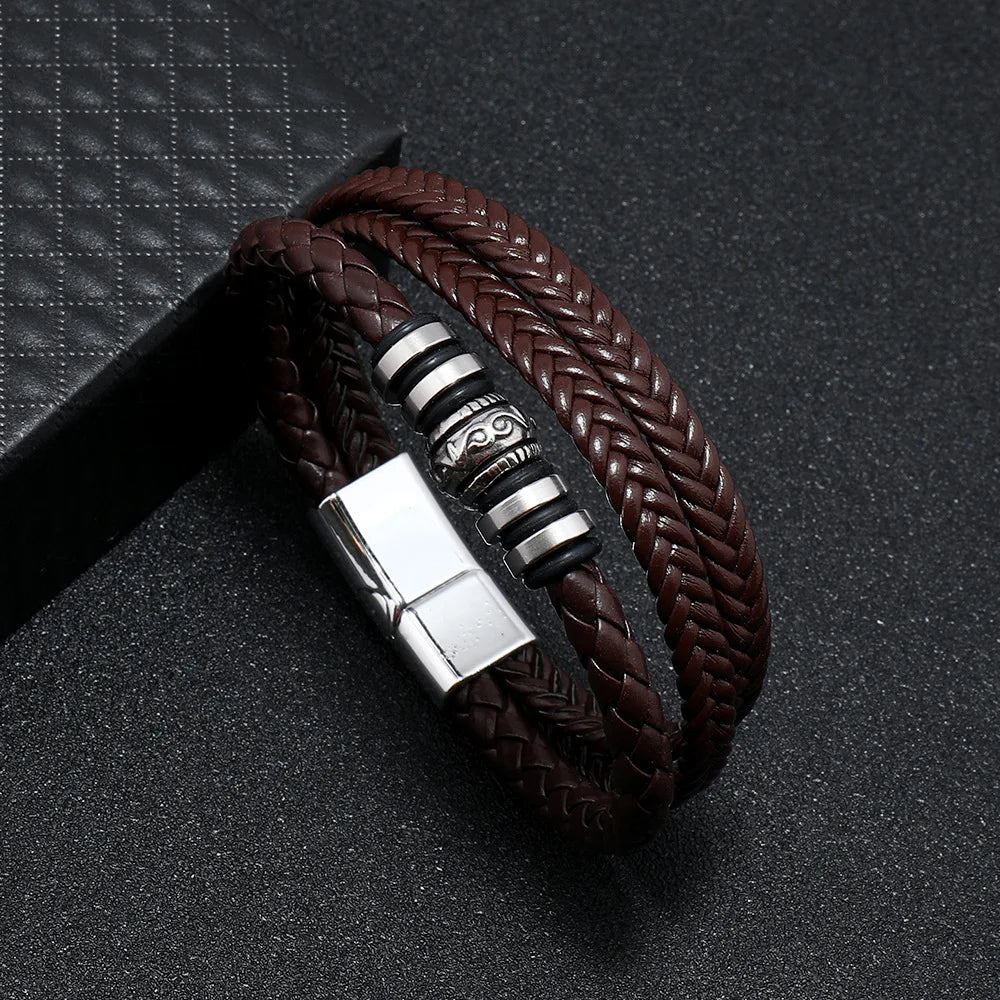 Bracciali in pelle alla moda per uomo, bracciale in acciaio inossidabile da 21 cm, braccialetti a corda intrecciata multistrato per gioielli maschili, regalo