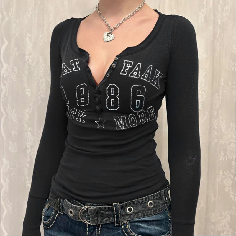 Letter Print Women's Tees Spring Streetwear Long Sleeves O-Neck Bodycon Black Sexy Top Button Fashion Casual Slim T-shirt Female