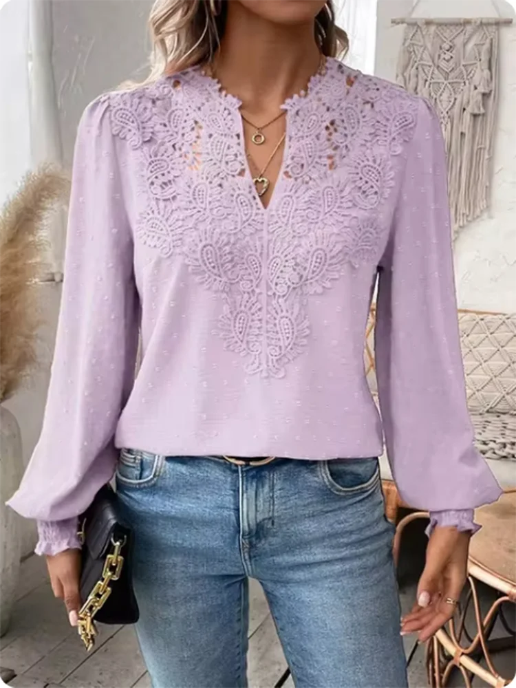 Sexy Lace Long Sleeved V-neck Solid Color Women's T-shirt Elegant Daily Street Versatile Autumn Casual Top