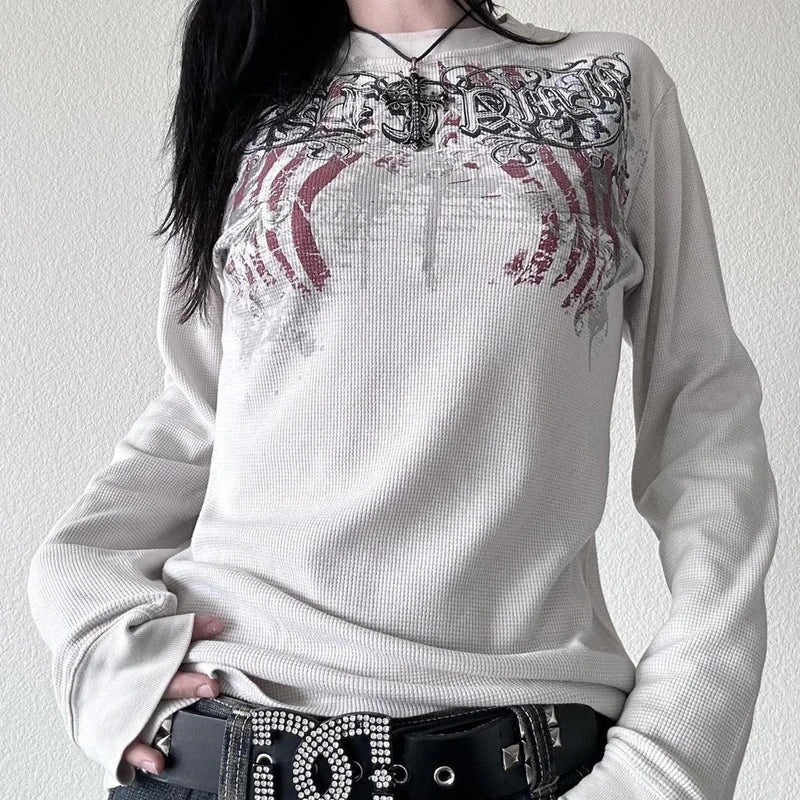 Y2K Grunge Cyber Mall Goth Thermal T-shirt Skulls Graphic Print Long Sleeve Pullovers Tops Women 90s Vintage Aesthetic Tees