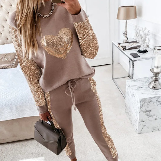 2024 Autumn Winter New Women's Khaki Love Sequins round Neck Long Sleeve Top Drawstring Trousers Casual Suit