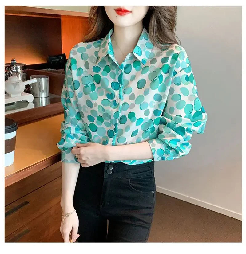 Women Chiffon Shirts Elegant Work Casual Tops Spring Summer Sweet Long Sleeve Love Heart Print Pattern Office Lady Blouse Shirts