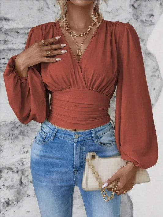 2024 Primavera Autunno Donna Nuova Collezione Moda Vita Sexy Scollo a V Manica a Sacco Tinta Unita Maglietta a Maniche Lunghe Stropicciata