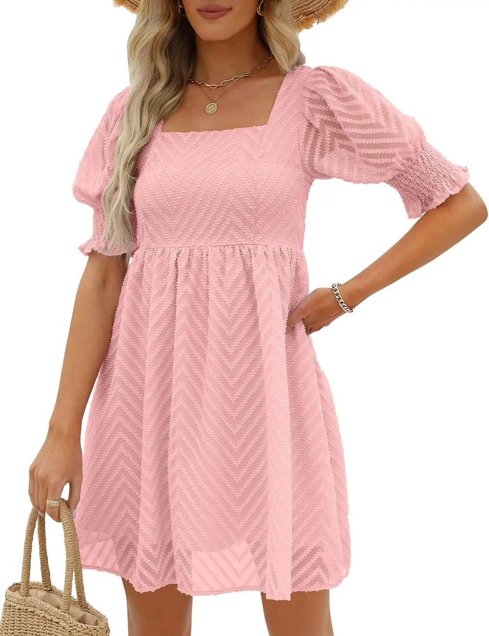 Women's Summer Dress 2023 Casual Flowy Beach Square Neck Lantern Short Sleeve Pleated A Line Dress Tie Mini Dress