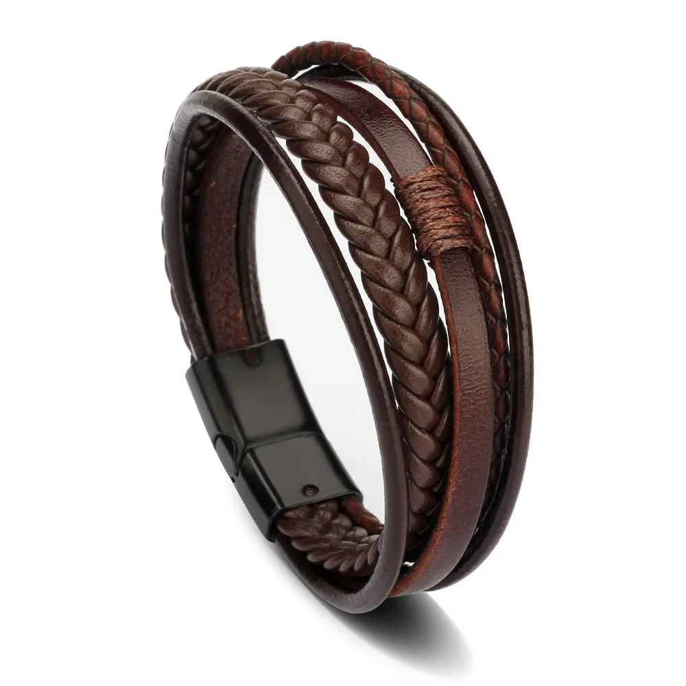 Bracciali in pelle alla moda per uomo, bracciale in acciaio inossidabile da 21 cm, braccialetti a corda intrecciata multistrato per gioielli maschili, regalo