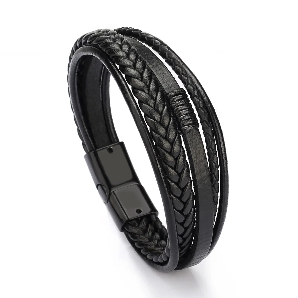 Bracciali in pelle alla moda per uomo, bracciale in acciaio inossidabile da 21 cm, braccialetti a corda intrecciata multistrato per gioielli maschili, regalo