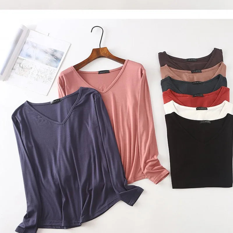 Autumn Modal Tshirt Women's Loose V Neck Bottoming T-shirts Long sleeves Casual Base Tee Tops Solid color Tee Shirts