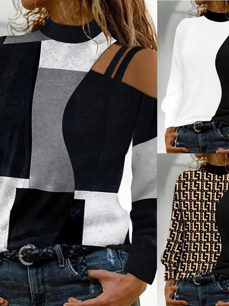 Autumn Winter Fashion Sexy Off Shoulder Print Tops 2023 Women Elegant O-neck Long Sleeve Office Lady Female Party Chic Blouse