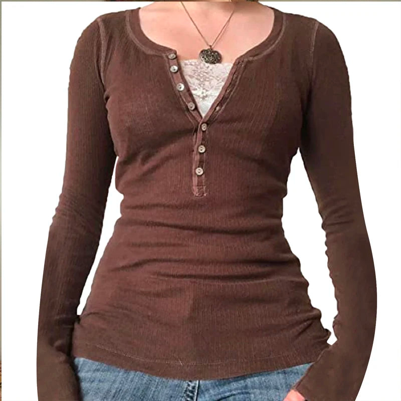 00s Retro Cottage Grunge T-shirt Autumn Ribbed Knitted Long Sleeve Slim Fit Tees Y2K Fairy 90s Vintage V Neck Crop Tops Women