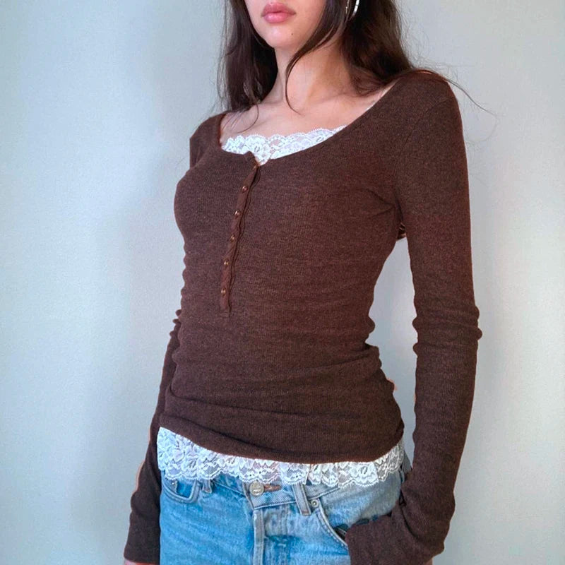 00s Retro Cottage Grunge T-shirt Autumn Ribbed Knitted Long Sleeve Slim Fit Tees Y2K Fairy 90s Vintage V Neck Crop Tops Women