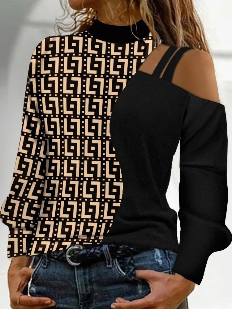Autumn Winter Fashion Sexy Off Shoulder Print Tops 2023 Women Elegant O-neck Long Sleeve Office Lady Female Party Chic Blouse