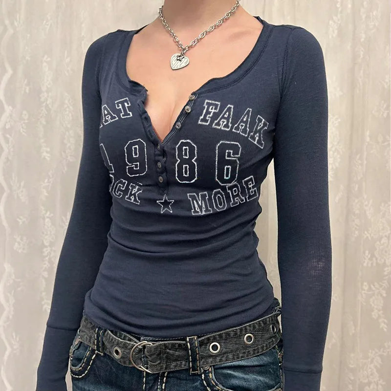 Letter Print Women's Tees Spring Streetwear Long Sleeves O-Neck Bodycon Black Sexy Top Button Fashion Casual Slim T-shirt Female