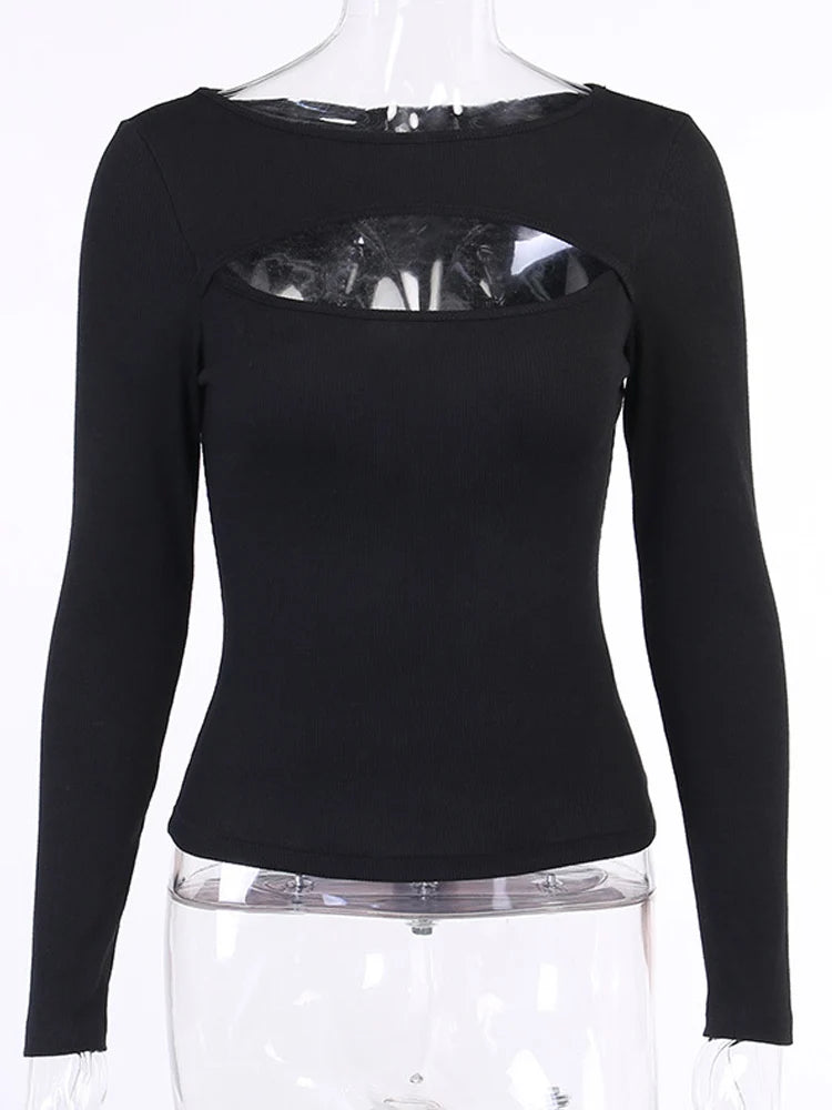 Maglietta  donna autunnale, traforata, tinta unita, nera, bianca, a maniche lunghe, lavorata a maglia, casual, slim, con scollo a V, alla moda