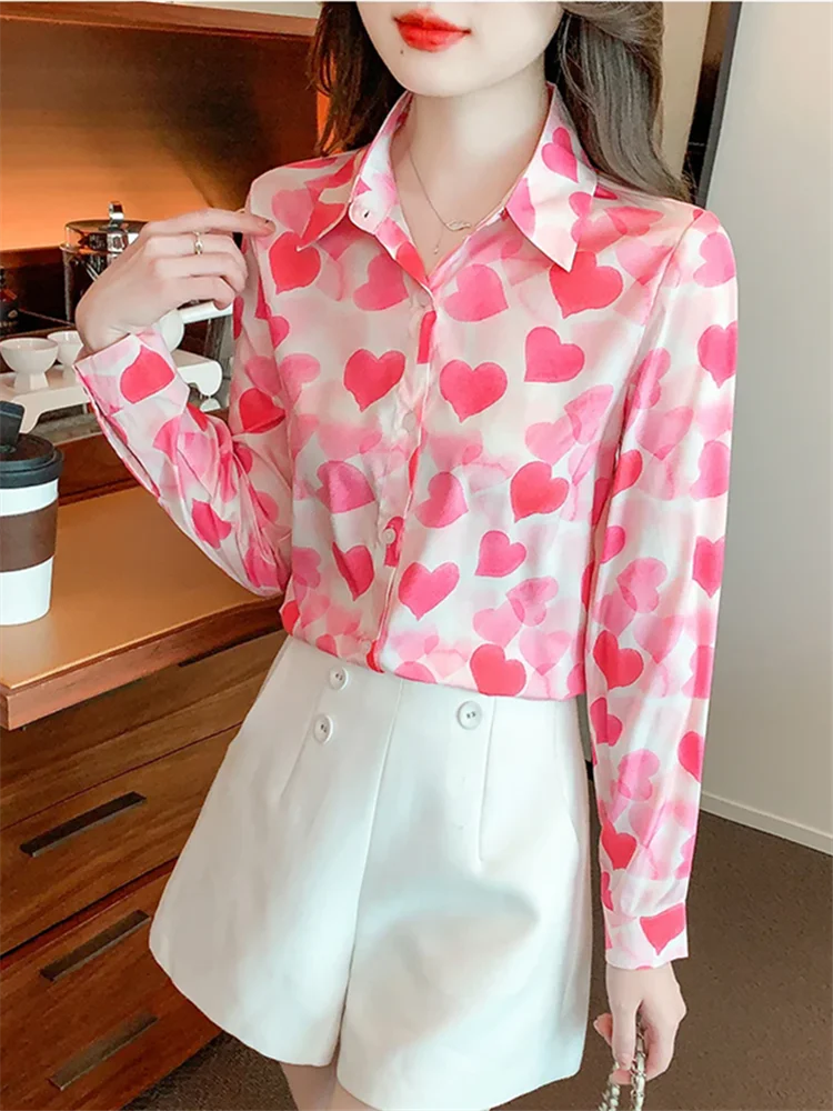 Women Chiffon Shirts Elegant Work Casual Tops Spring Summer Sweet Long Sleeve Love Heart Print Pattern Office Lady Blouse Shirts