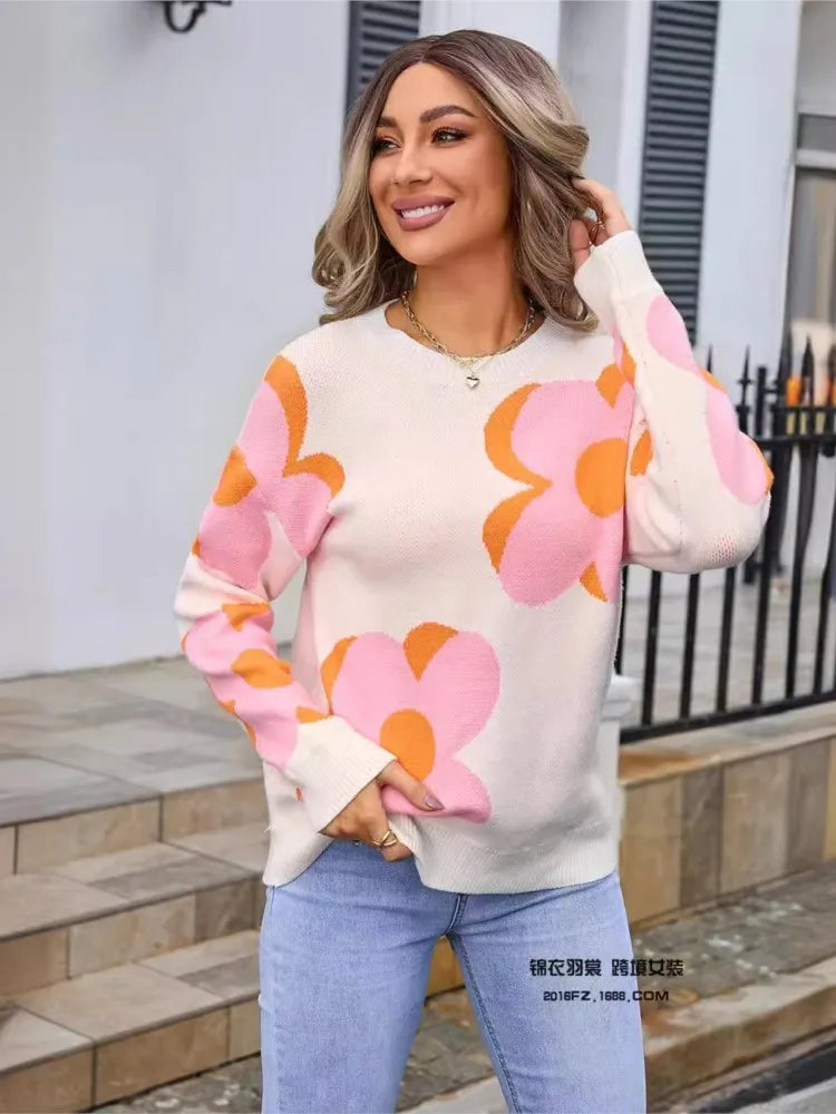 2024 Autumn Winter New Women's Fashion Printed Sweater Round Neck Fashion Large Flower Leisure Comfortable Long Sleeve Sweater