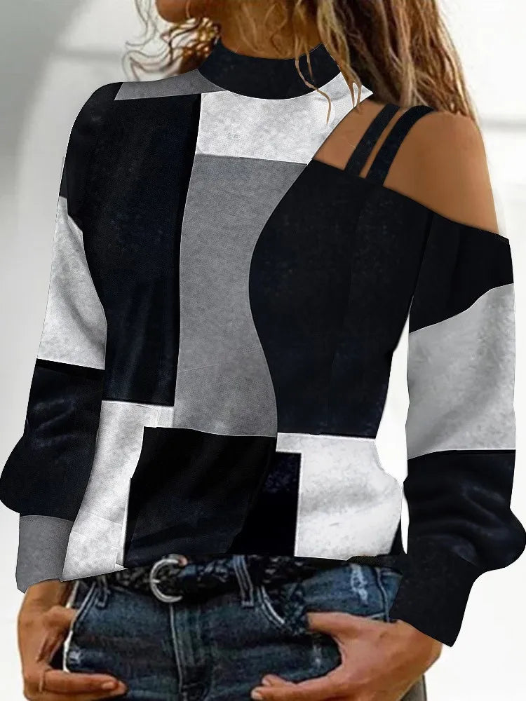 Autumn Winter Fashion Sexy Off Shoulder Print Tops 2023 Women Elegant O-neck Long Sleeve Office Lady Female Party Chic Blouse