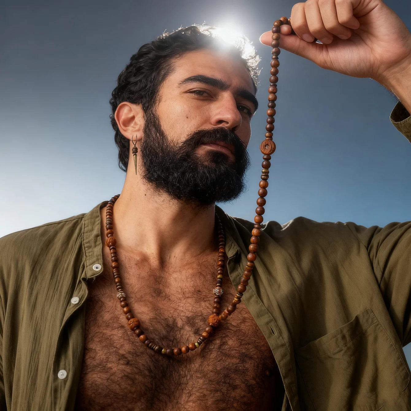 Bracciali da uomo a strati con perline, catena lunga in legno di noce, stile hip hop retrò bohémien, collane impilabili con perline per protezione.