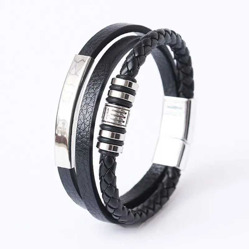 Bracciali in pelle alla moda per uomo, bracciale in acciaio inossidabile da 21 cm, braccialetti a corda intrecciata multistrato per gioielli maschili, regalo