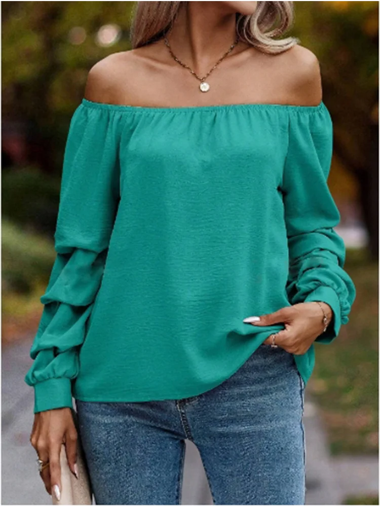Sexy Long Sleeve Solid Color Off Shoulder Top Women's Folding Sleeves T-Shirt Elegant Casual Autumn Party Clothes
