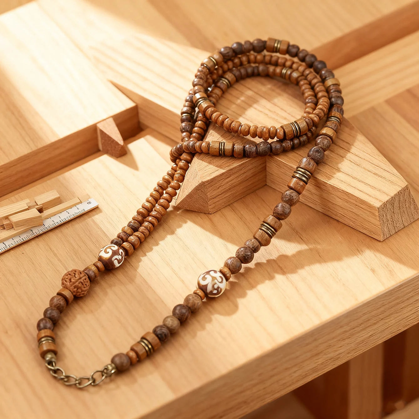 Bracciali da uomo a strati con perline, catena lunga in legno di noce, stile hip hop retrò bohémien, collane impilabili con perline per protezione.