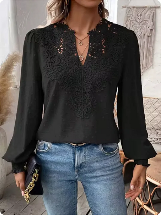 Sexy Lace Long Sleeved V-neck Solid Color Women's T-shirt Elegant Daily Street Versatile Autumn Casual Top