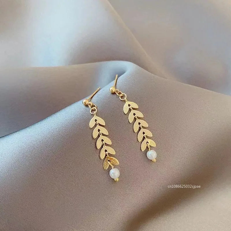 Gioielli con collana, orecchini e bracciale di perle semplici con spighe di grano per donne, collane con ciondoli e braccialetti color oro portafortuna