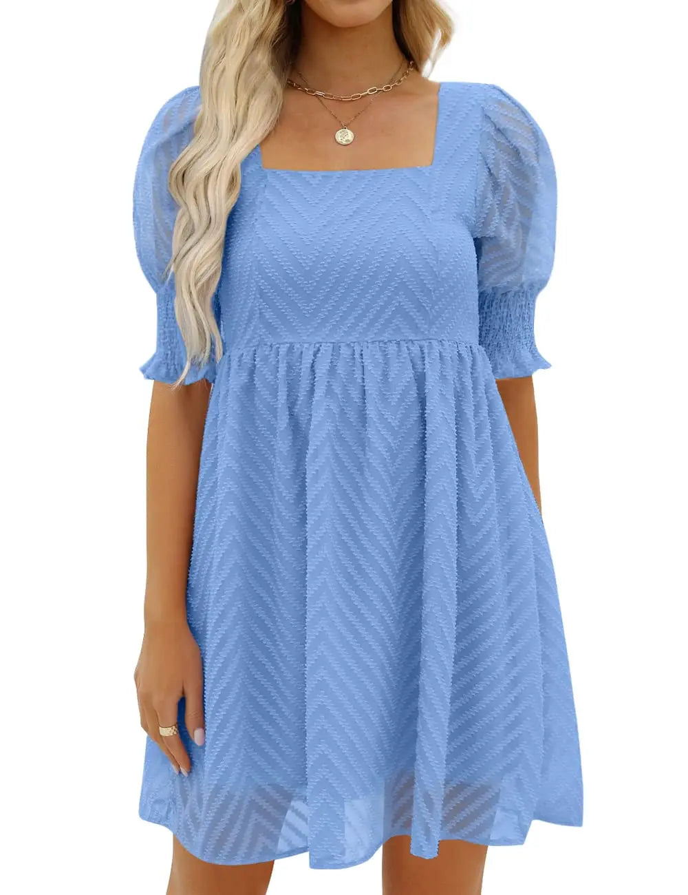 Women's Summer Dress 2023 Casual Flowy Beach Square Neck Lantern Short Sleeve Pleated A Line Dress Tie Mini Dress