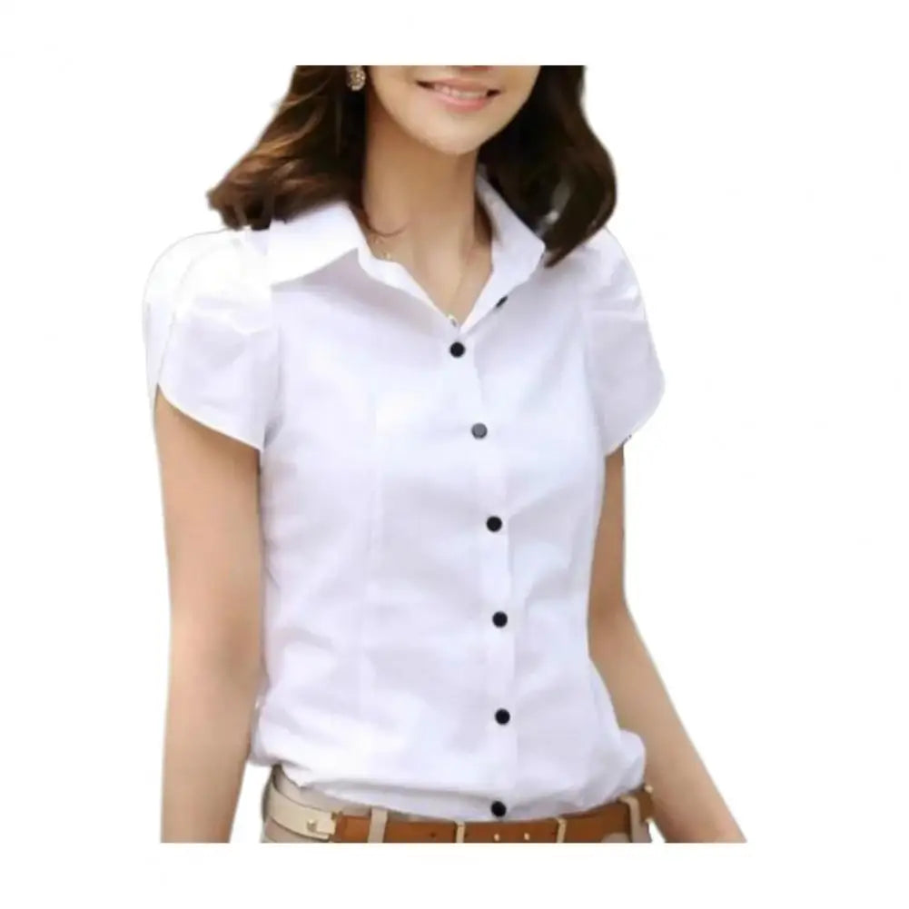 Summer Women Shirt Solid Color Lapel Petal Short Sleeve Pocket Button-up Blouse Slim Fit Single Breasted Lady Shirt Tops