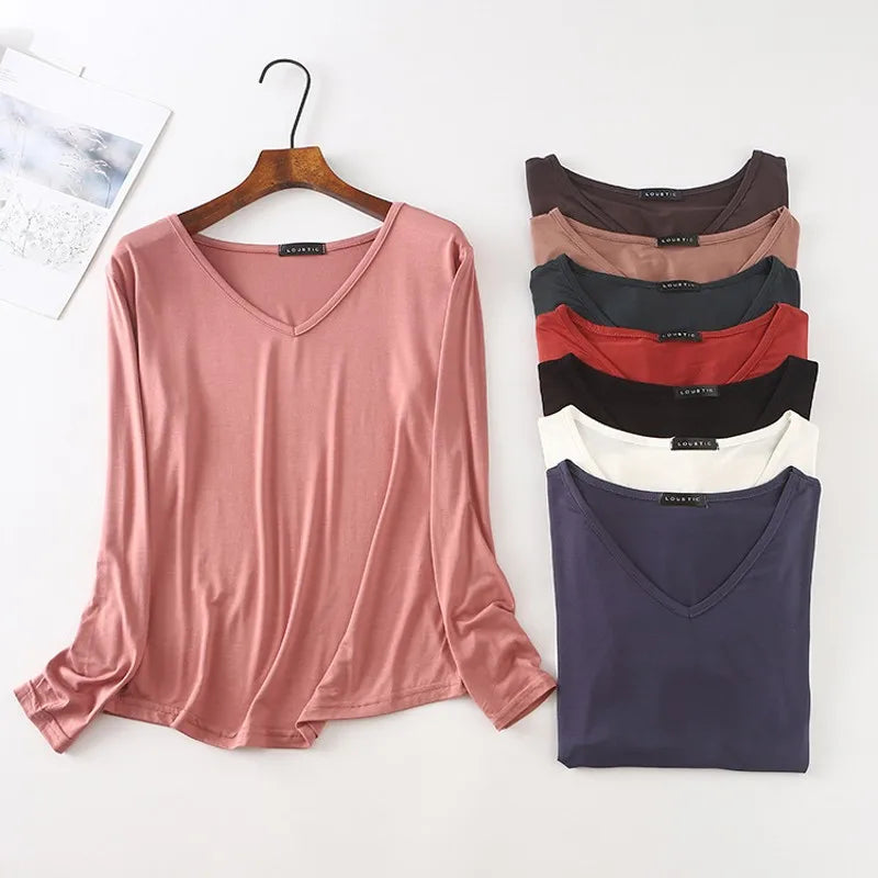 Autumn Modal Tshirt Women's Loose V Neck Bottoming T-shirts Long sleeves Casual Base Tee Tops Solid color Tee Shirts