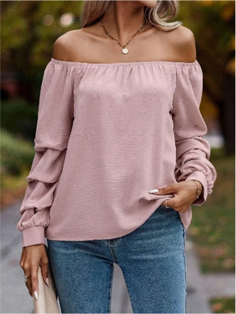 Sexy Long Sleeve Solid Color Off Shoulder Top Women's Folding Sleeves T-Shirt Elegant Casual Autumn Party Clothes