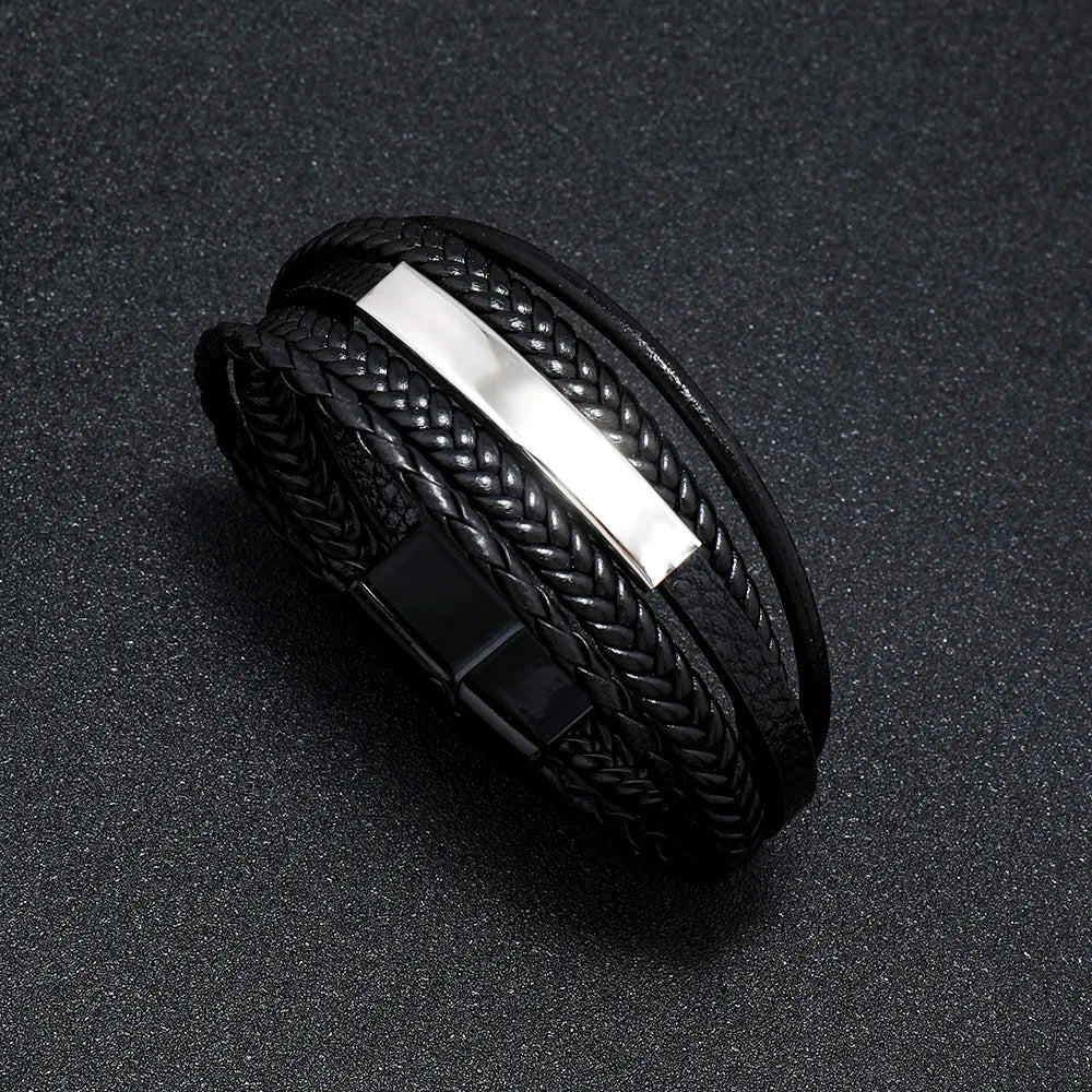 Bracciali in pelle alla moda per uomo, bracciale in acciaio inossidabile da 21 cm, braccialetti a corda intrecciata multistrato per gioielli maschili, regalo