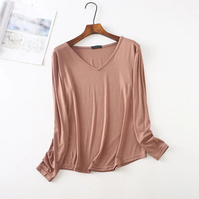 Autumn Modal Tshirt Women's Loose V Neck Bottoming T-shirts Long sleeves Casual Base Tee Tops Solid color Tee Shirts