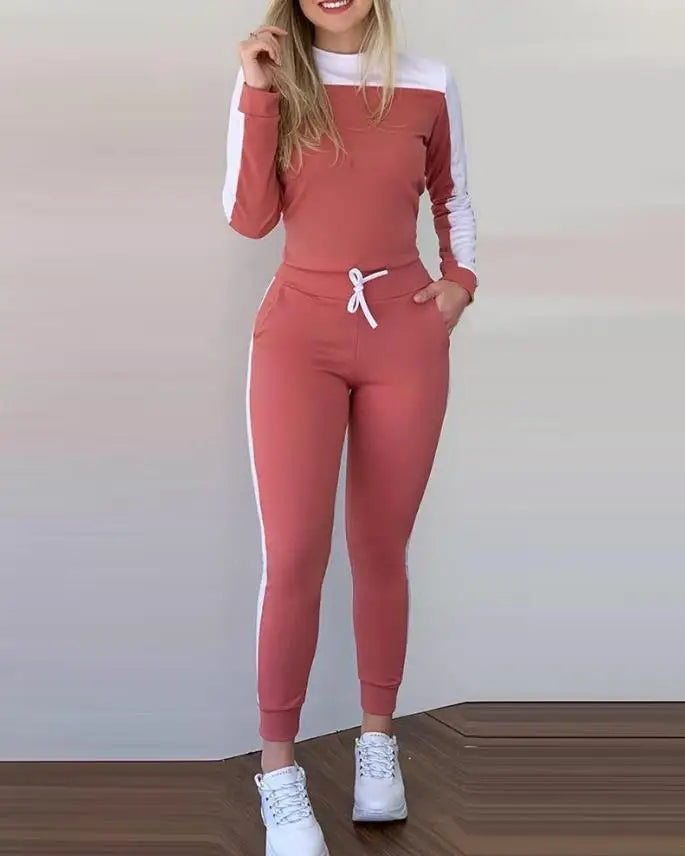 Elegant Pants Set for Woman Casual Autumn Color Block Slimming Long Sleeve Top Stretch Tight Drawstring Women's Matching Sets